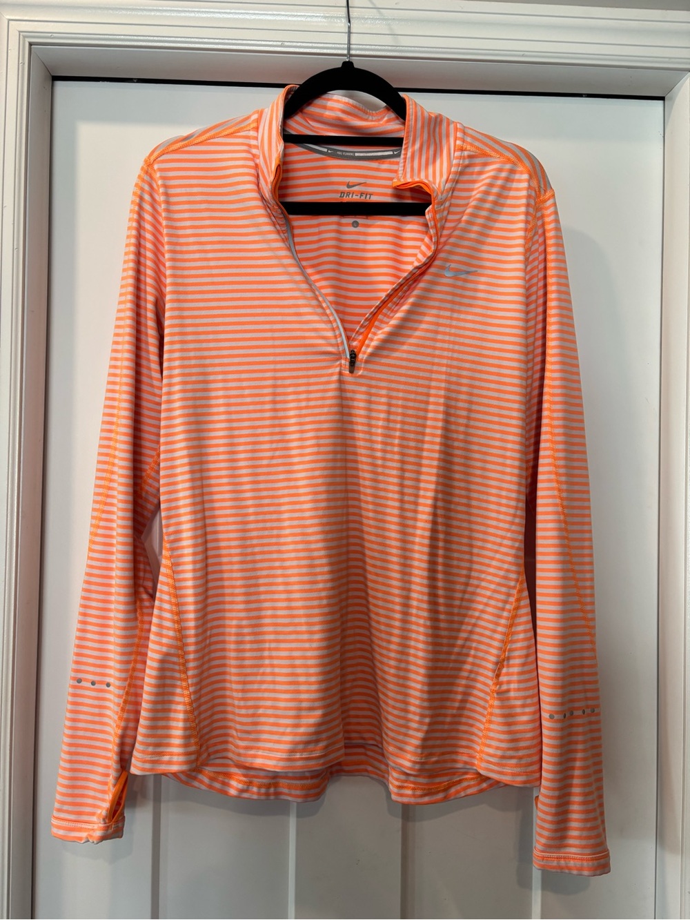 Nike Dri-Fit Quarter Zip Bright Orange and White Striped Performance Top